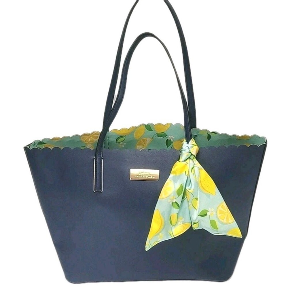 Trina Turk Purse Tote Bag Blue Lemon Scarf Open Top Double Shoulder Stap 16x11.5